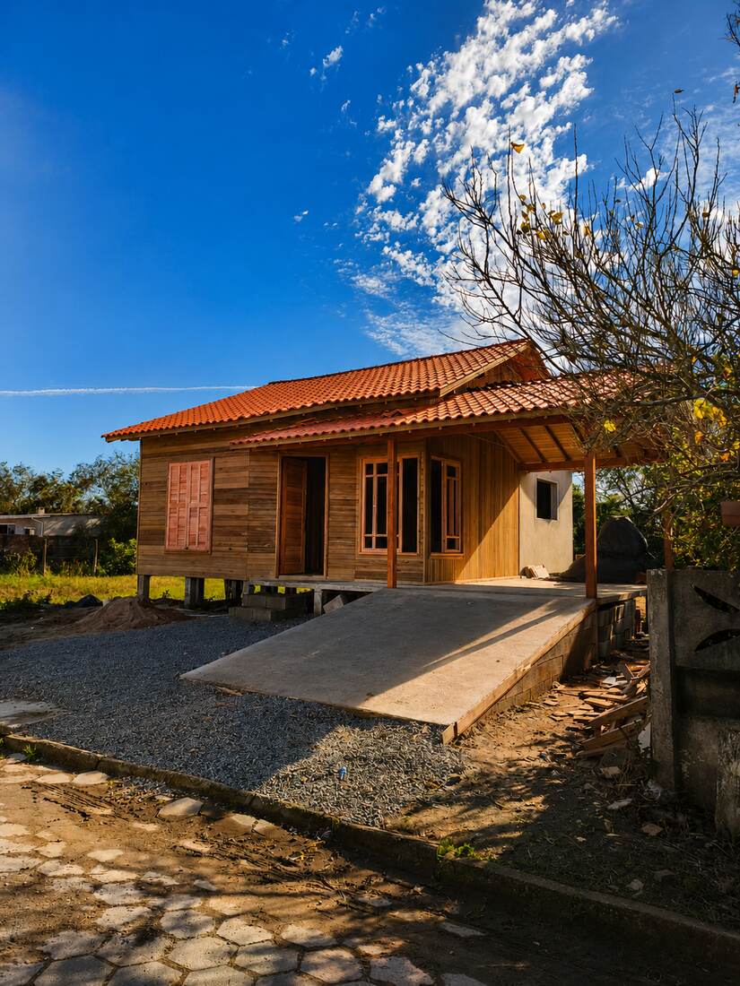 Casa de madeira com telhado colonial em dia de céu azul